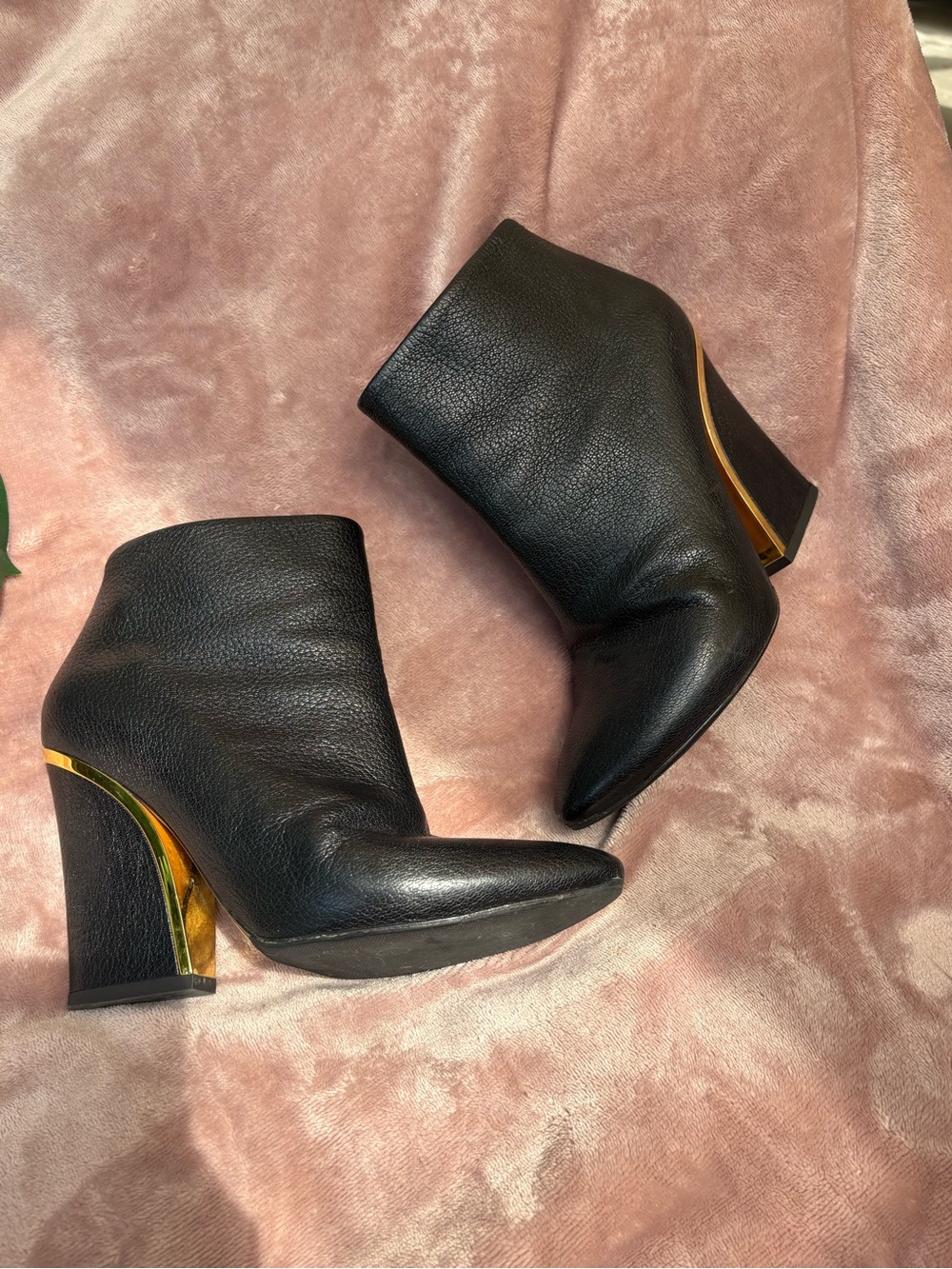 Chloe Black Leather Ankle Booties with Gold Accent